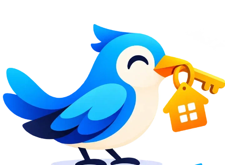 The Leasebird mascot carrying a house key